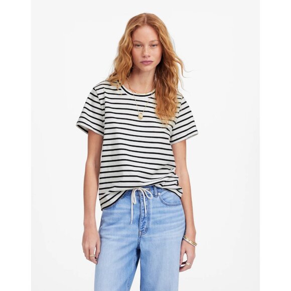 Madewell Womens Medium Perfect Crewneck Tee in Allday Jersey White Striped 133 - Picture 1 of 10